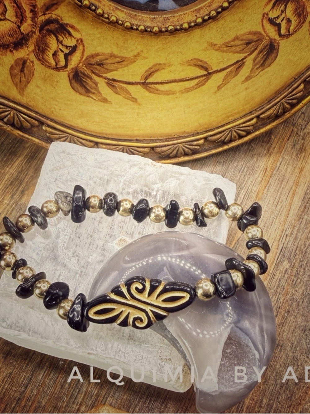 ONYX + Multicolor + Glass Bead Bracelet with Gold Accent Bead ART DECO